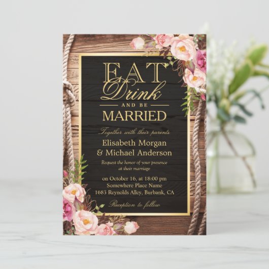 Eten Drinken en Getrouwd Rustiek Houten Knoop Bloe Kaart (Staand voorkant)