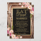 Eten Drinken en Getrouwd Rustiek Houten Knoop Bloe Kaart (Voorkant / Achterkant)