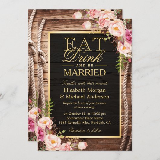 Eten Drinken en Getrouwd Rustiek Houten Knoop Bloe Kaart (Voorkant / Achterkant)