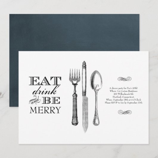 Eten, Drinken en Vrolijk Zijn | Uitnodiging op Wit (Voorkant / Achterkant)