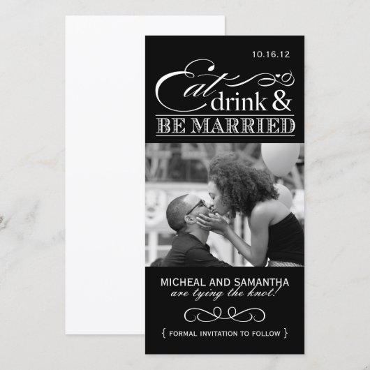 Eten, Drinken & Trouwen Bewaar de datumfotokaarten Save The Date (Voorkant / Achterkant)