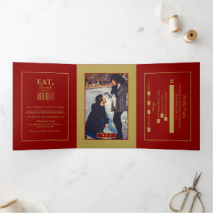 Eten, Drinken & trouwen Rood & Goud Trouwsuite Drieluik Uitnodiging