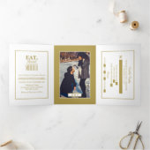 Eten, Drinken & trouwen White & Gold Wedding Suite Drieluik Uitnodiging (Binnen)