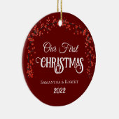 Eten eerste kerstnaam Datum Holly Dark Red Keramisch Ornament (Rechts)
