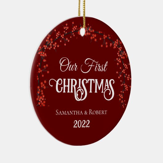 Eten eerste kerstnaam Datum Holly Dark Red Keramisch Ornament (Rechts)