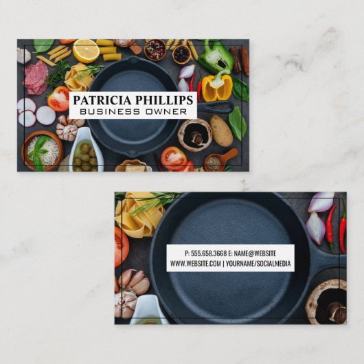 Eten en Skillet op tafel | chef-kok Visitekaartje (Voorkant / Achterkant)