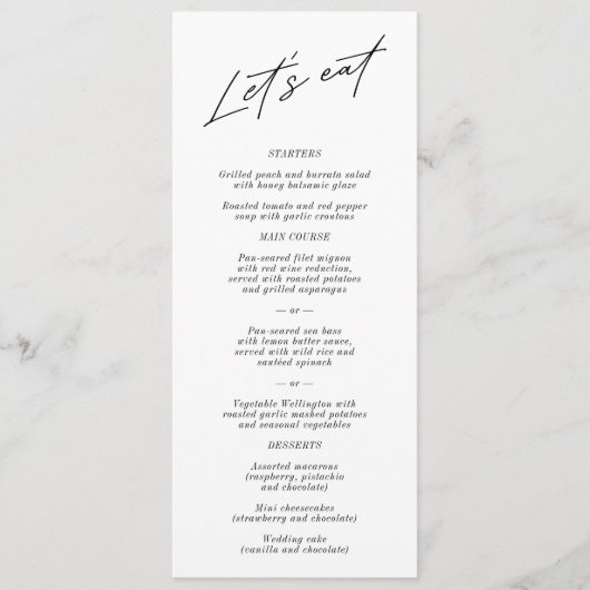 "Eten is Verrukelijk" Elegant Huwelijksmenu in Zwa Menu (Voorkant)