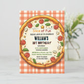 eten jongen meisje tiener pizza eerste 1e verjaard kaart (Staand voorkant)