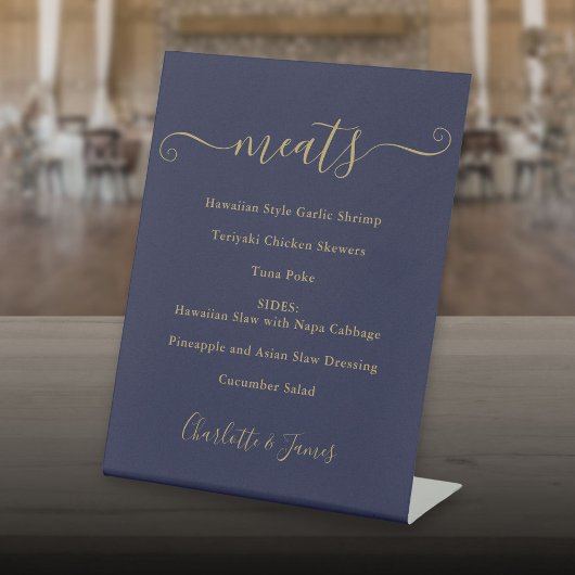 Eten Menu Handtekening Script Navy blauw en goud Reclamebord Met Voetstuk