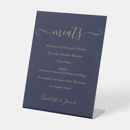 Eten Menu Handtekening Script Navy blauw en goud Reclamebord Met Voetstuk (Voorkant)