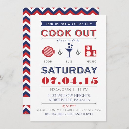Eten, plezier en muziek 4 juli Cookout Uitnodigen Kaart (Voorkant / Achterkant)