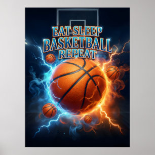 Eten Slapen Basketbal Vuur Poster
