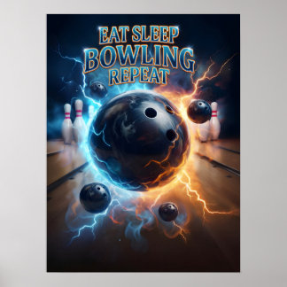 Eten Slapen Bowling Retro Poster