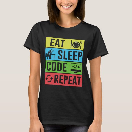 Eten Slapen Code Herhalen Funny Programmeren Terug T-shirt (Voorkant)