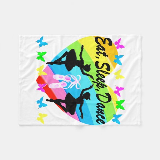 ETEN, SLAPEN, DANSEN, REGENBOOG HART EN VLINDERS FLEECE DEKEN (Voorkant (Horizontaal))