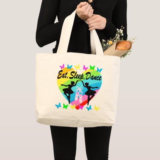 ETEN, SLAPEN, DANSEN, REGENBOOG HART EN VLINDERS GROTE TOTE BAG (Voorkant (product))
