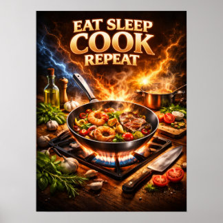 Eten Slapen Koken Retro Poster
