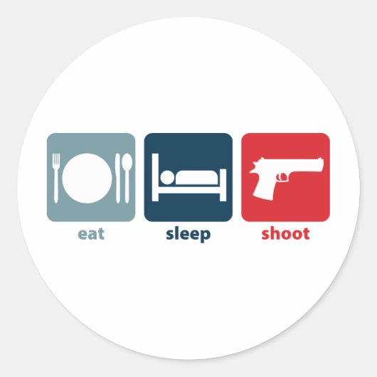 Eten, slapen, schieten ronde sticker (Voorkant)