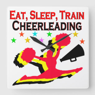 ETEN, SLAPEN TREIN CHEERLEADEREND ROOD ONTWERP VIERKANTE KLOK