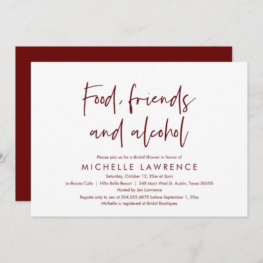 Eten, Vrienden en Alcohol, Casual Bruidsfeest Kaart (Voorkant / Achterkant)