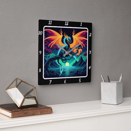 Eternal Blaze Neon Dragon Vierkante Klok (Kantoor)