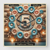 Eternal Bloom: 5e Jubileum Bloemencirkel Vierkante Klok (Voorkant)