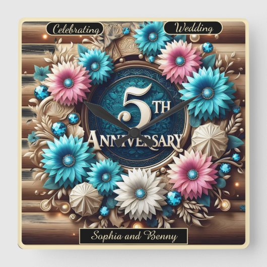 Eternal Bloom: Rustiek Vijfde Jubileum Design Vierkante Klok (Voorkant)