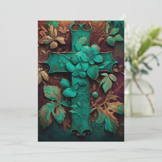 Eternal Faith - Een tijdloze Verdigris Cross Feestdagenkaart (Staand voorkant)