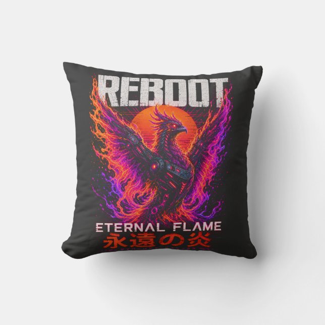 Eternal Flame Illustratie – Phoenix van Neon Vuur Kussen (Voorkant)