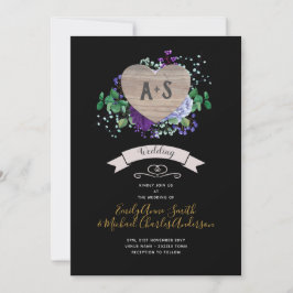 Eternal Heart Trouw Uitnodiging Zwart Paarse Bloem