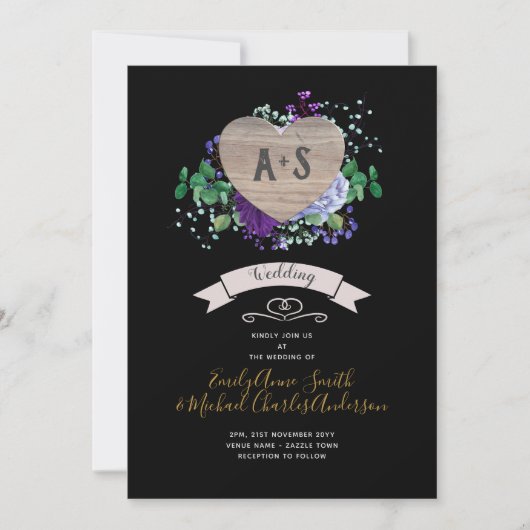 Eternal Heart Trouw Uitnodiging Zwart Paarse Bloem (Voorkant)