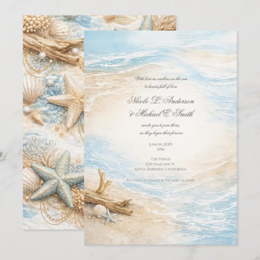 Eterntal Tides Coastal Watercolor Beach Wedding Kaart (Voorkant / Achterkant)