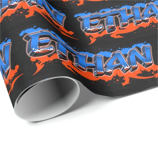 Ethan Vorname Name Graffiti blue orange Cadeaupapier (Rol Hoek)