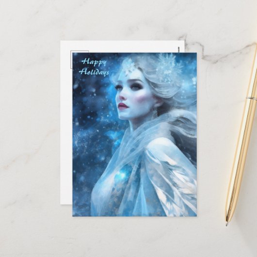 Etheal Frozen Snow Queen Fantasy Art Feestdagenkaart (Voorkant / Achterkant in situ)