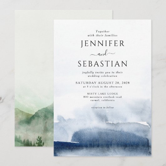 Etheïstisch Blauw Abstracte Waterverf bruiloft Kaart (Voorkant / Achterkant)