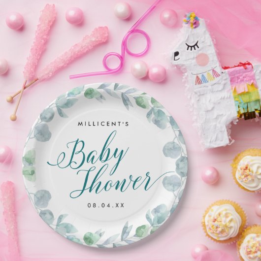 Etheraal Eucalyptus Calligrafisch Baby shower Papieren Bordje (Feest)