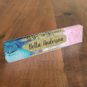 Etheral Blauwgroen Roze Elegant Inky Modern Glam T Naambordje (Zijkant)