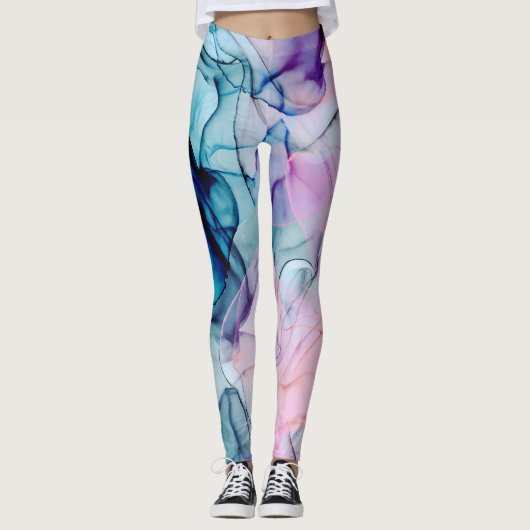 Etheral Blauwgroen Roze Paars Inky Modern Glamour Leggings (Voorkant)
