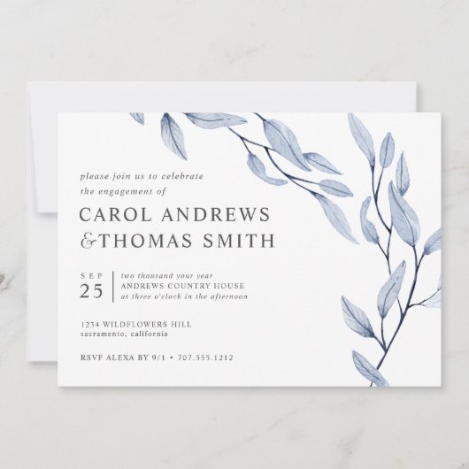 Etheral Blue | Chic Botanical Engagement Party Kaart (Voorkant)