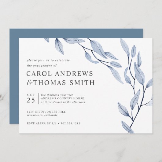 Etheral Blue | Chic Botanical Engagement Party Kaart (Voorkant / Achterkant)
