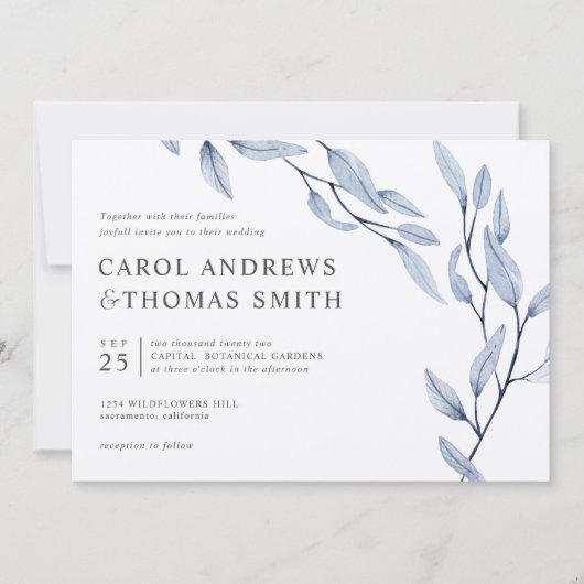 Etheral Blue | Chic Botanical Leaves bruiloft Kaart (Voorkant)