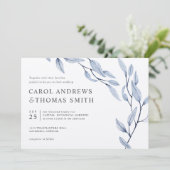 Etheral Blue | Chic Botanical Leaves bruiloft Kaart (Staand voorkant)