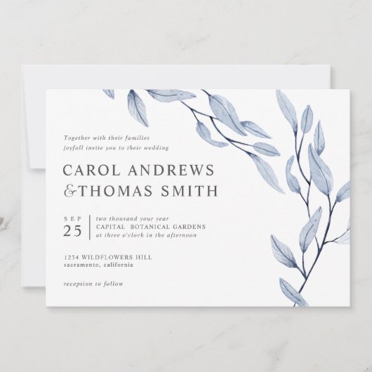 Etheral Blue | Chic Botanical Leaves bruiloft Kaart (Voorkant)