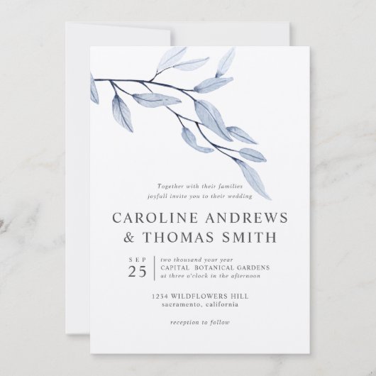 Etheral Blue | Chic Botanical Leaves bruiloft Kaart (Voorkant)