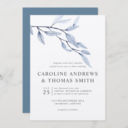 Etheral Blue | Chic Botanical Leaves bruiloft Kaart (Voorkant / Achterkant)