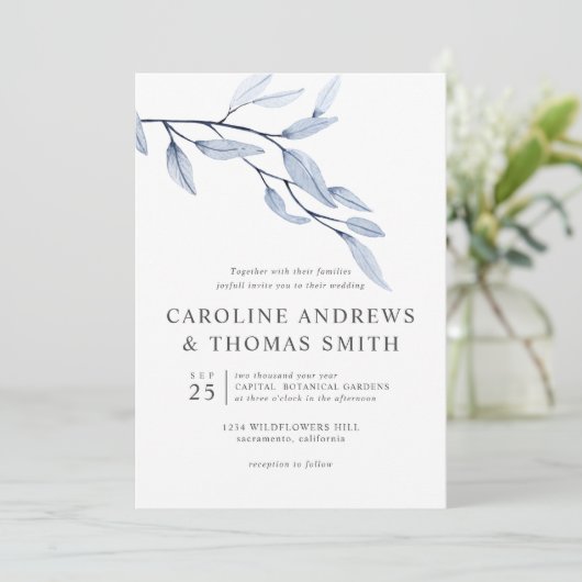 Etheral Blue | Chic Botanical Leaves bruiloft Kaart (Staand voorkant)