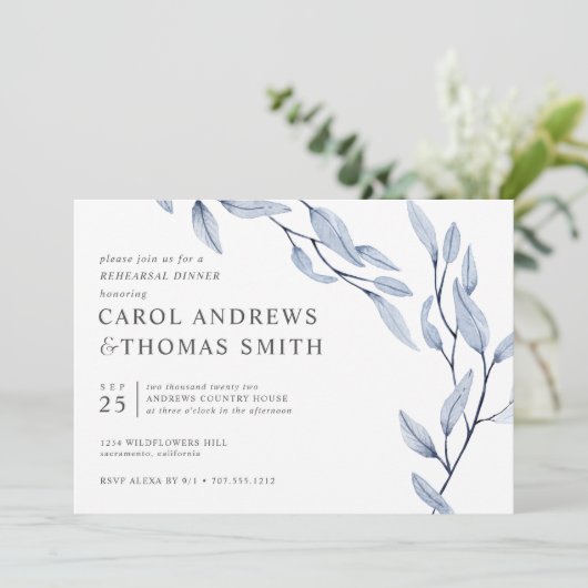 Etheral Blue | Chic Botanical Rehearsal Dinner Kaart (Staand voorkant)