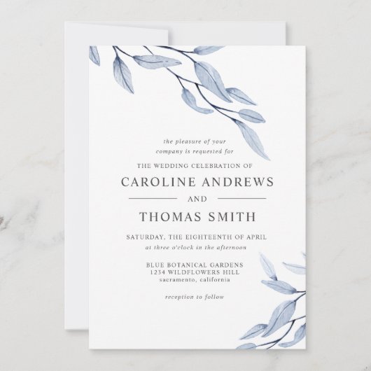 Etheral Blue | Elegant Botanical Leaves bruiloft Kaart (Voorkant)