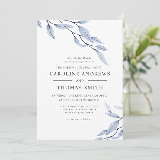 Etheral Blue | Elegant Botanical Leaves bruiloft Kaart (Staand voorkant)