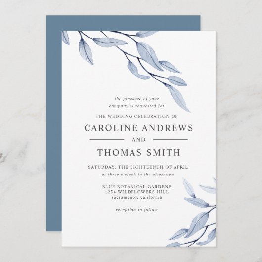 Etheral Blue | Elegant Botanical Leaves bruiloft Kaart (Voorkant / Achterkant)